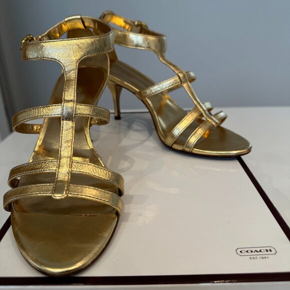 Coach Gold Strappy Open Toe Sandal Heels in Box 7.5 - Picture 1 of 10